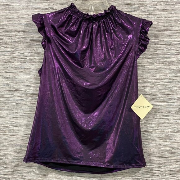Metallic Purple Ruffled Sleeveless Top By Tiffany & Grey NWT Size Large Petite - Picture 1 of 5